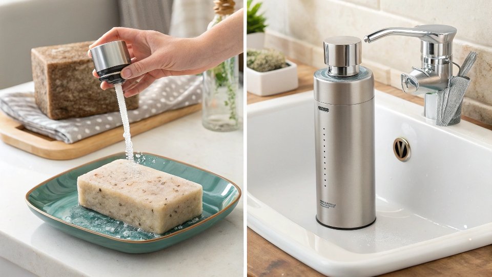 Bathroom Soap Dispenser A stylish soap dispenser on a clean bathroom countertop